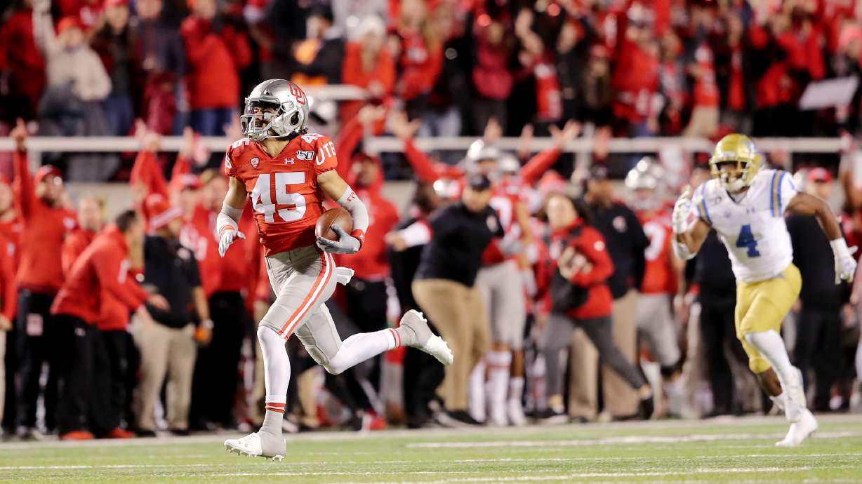 Utah Utes wide receiver Samson Nacua (45) breaks away for a touchdown as Utah and UCLA play a college football game in Salt Lake City at Rice-Eccles Stadium on Saturday, Nov. 16, 2019. Utah won 49-3.