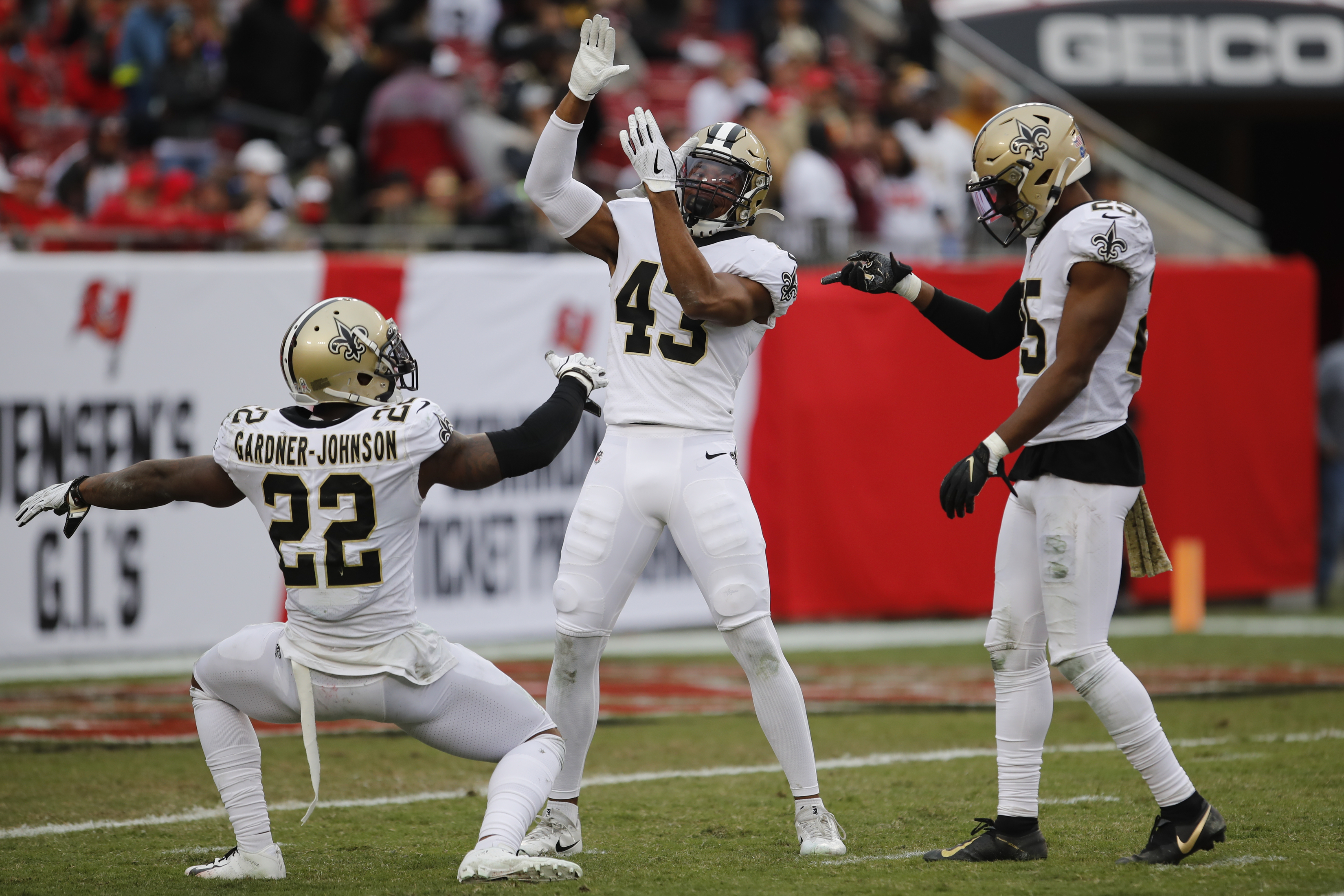 New Orleans Saints defensive back Chauncey Gardner-Johnson (22), Marcus Williams (43) and cornerback Eli Apple (25) during the second half of an NFL football game Sunday, Nov. 17, 2019, in Tampa, Fla. (Photo: Mark LoMoglio, AP)