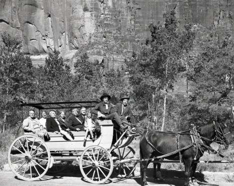 Tourists in a horse drawn carriage at Zion National Park, dated sometime in the 1940s. (Photo: Al Watkins Morton, Utah State History)