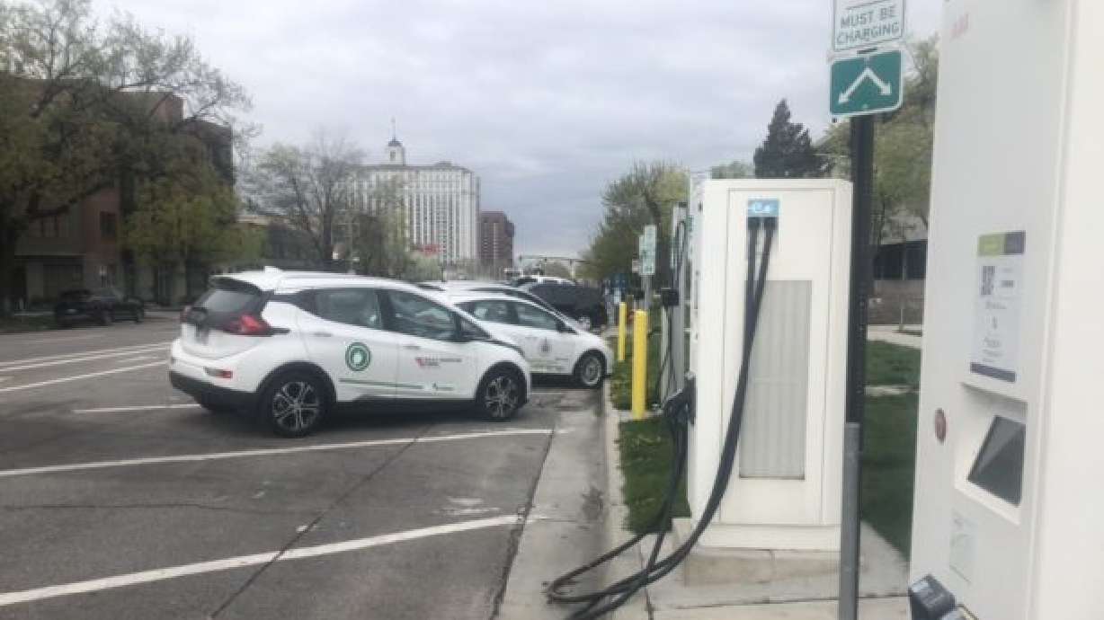 In this file photo, charging stations for electric vehicles are shown in Salt Lake City on April 22, 2019. Photo: Mary Richards, KSL Newsradio