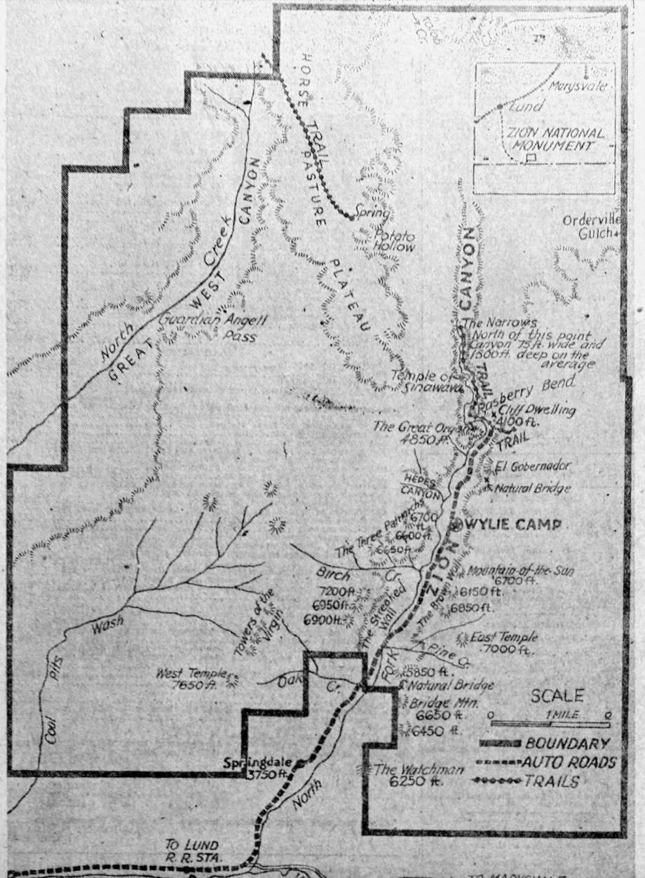 This map, published in a Nov. 25, 1919, edition of the Salt Lake Tribune shows the original map of Zion National Park after it was designated on Nov. 19, 1919. (Photo: Utah Digital Newspapers)
