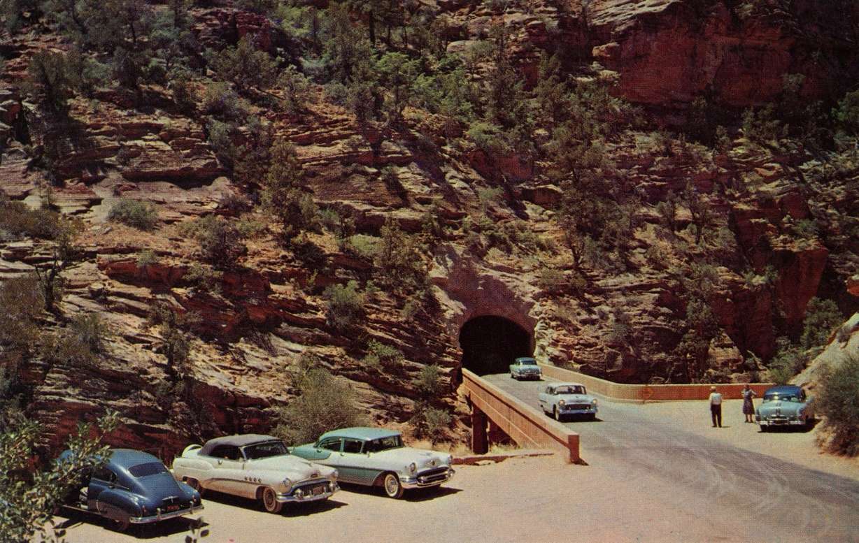 Postcard of cars at tunnel east entrance of Zion National Park in 1960. (Photo: National Park Service)