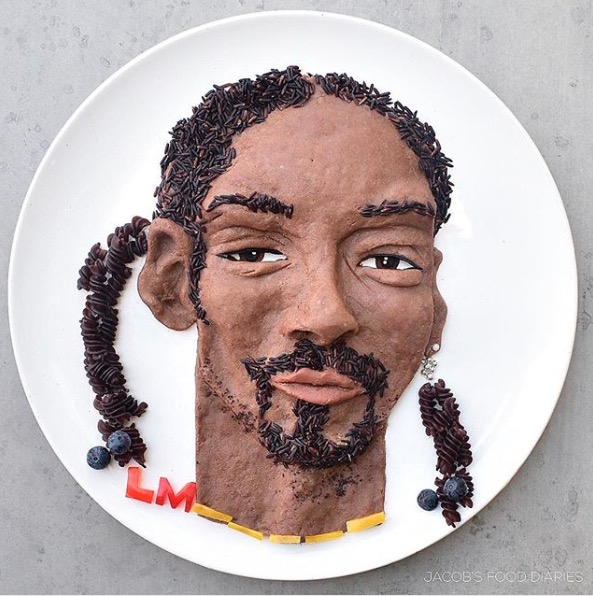 Laleh Mohmedi has been making art out of healthy foods for her son Jacob since 2015. This creation depicts rapper Snoop Dogg made out of mashed potatoes, wild rice, black bean pasta, blueberries, yellow capsicum and black tea. This particular creation was made just for fun, not for eating. (Photo: Jacob’s Food Diaries, Instagram)