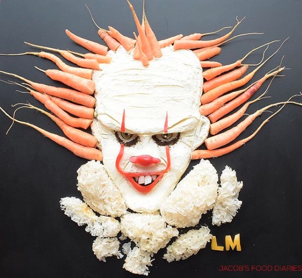 Laleh Mohmedi has been making art out of healthy foods for her son Jacob since 2015. This plate depicts Pennywise, the fictional character from Stephen King’s “It,” about the clown who eats children. Except in this case, it’s the children who are eating Pennywise, who is made of mashed potatoes, cream cheese, black tea, capsicum, radish, pickles and carrots. (Photo: Jacob’s Food Diaries, Instagram)