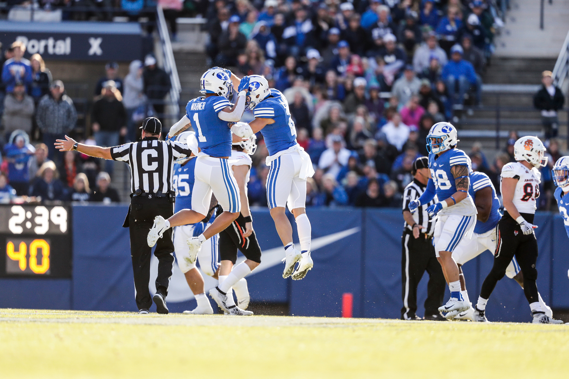 Troy Warner celebrates a play during BYU's 42-10 win over Idaho State, Saturday, Nov. 18, 2019 at LaVell Edwards Stadium in Provo.