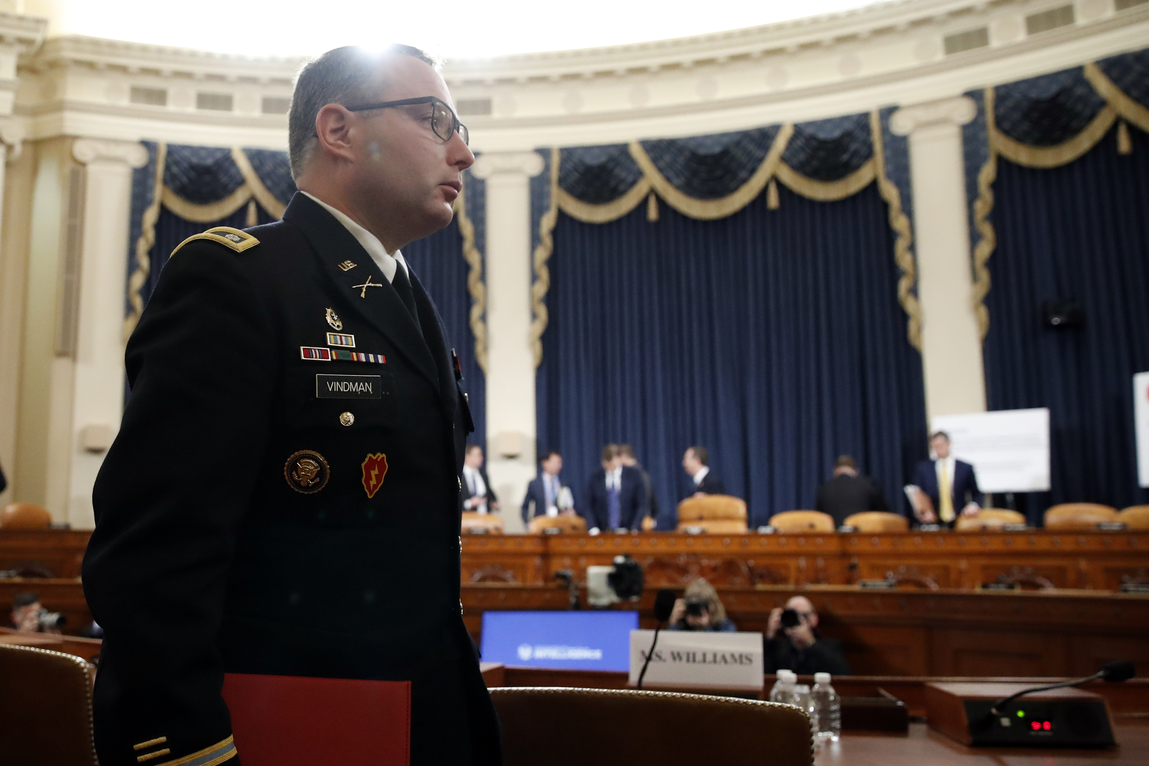 National Security Council aide Lt. Col. Alexander Vindman departs after testifying before the House Intelligence Committee on Capitol Hill in Washington, Tuesday, Nov. 19, 2019. Photo: AP Photo