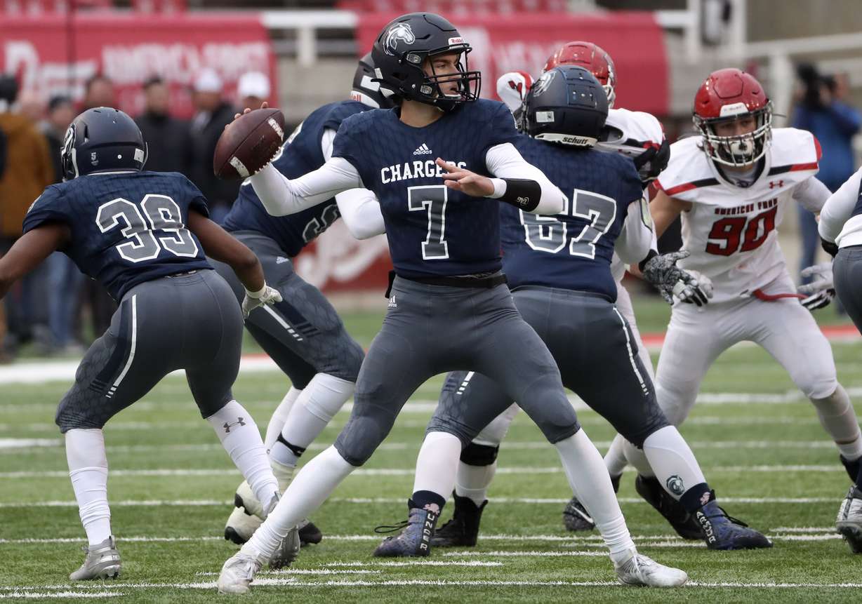 Corner Canyon quarterback Cole Hagen (7) fires a pass during the 6A championship football game between American Fork and Corner Canyon at Rice-Eccles Stadium in Salt Lake City on Friday, Nov. 22, 2019. (Photo: Steve Griffin, KSL)