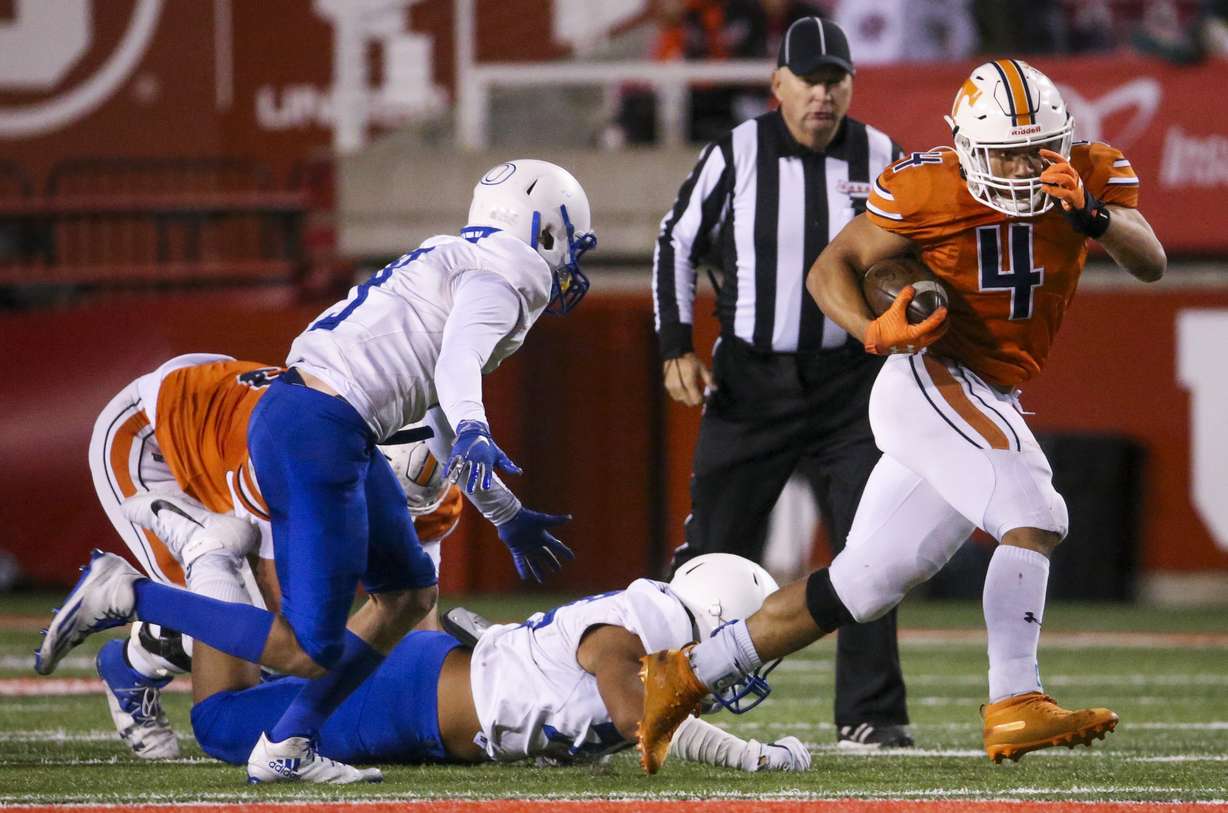 The Orem Tigers pounce on the Timpview Thunderbirds winning 21-7 in the 5A state high school football game at Rice-Eccles Stadium in Salt Lake City on Friday, Nov. 22, 2019. (Photo: Colter Peterson, KSL)