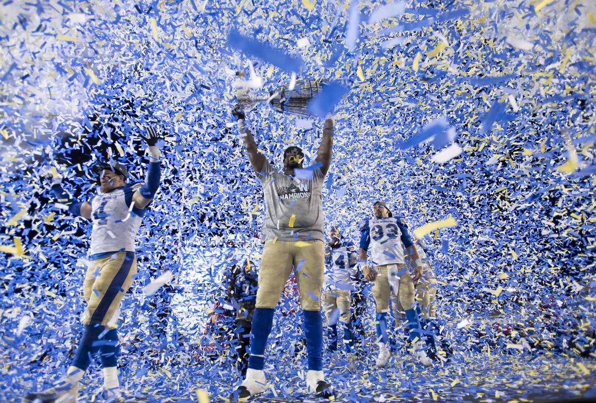 The Winnipeg Blue Bombers celebrate winning the Grey Cup CFL football championship against the Hamilton Tiger Cats, Sunday, Nov. 24, 2019, in Calgary, Alberta.