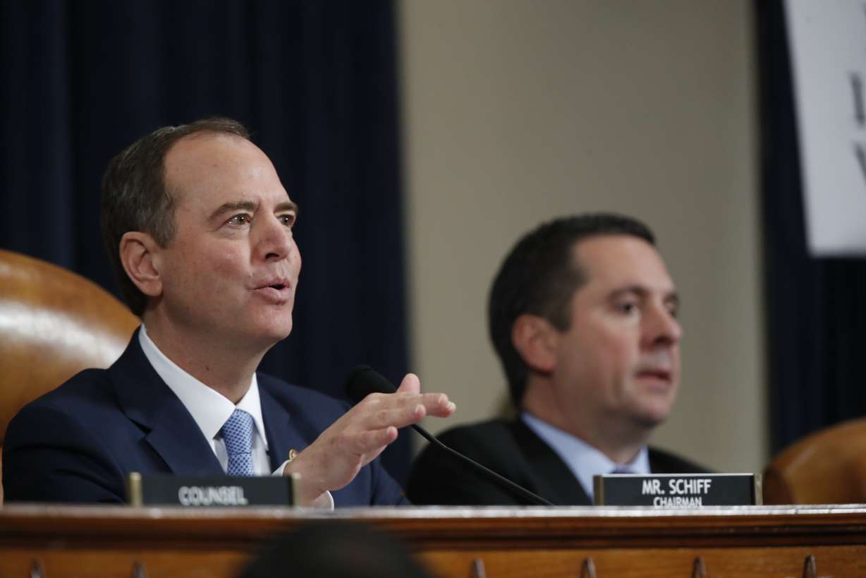 House Intelligence Committee Chairman Adam Schiff, D-Calif., questions former White House national security aide Fiona Hill, and David Holmes, a U.S. diplomat in Ukraine, testify before the House Intelligence Committee on Capitol Hill in Washington, Thursday, Nov. 21, 2019. Photo: AP Photo