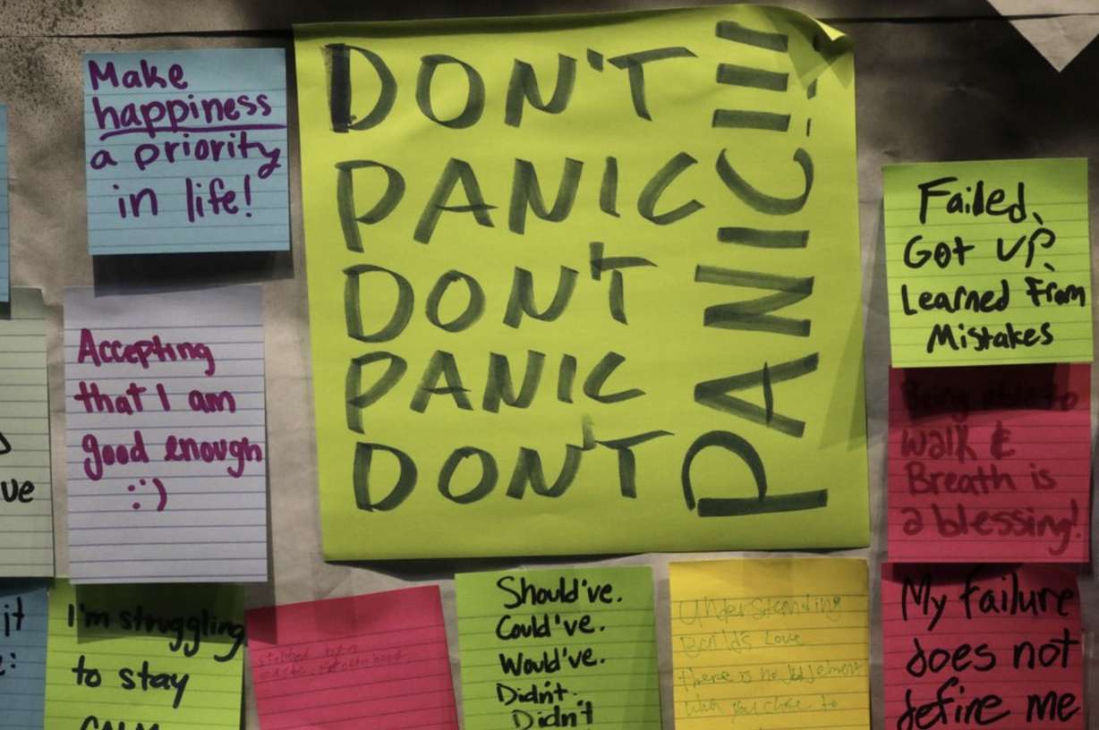 This Nov. 14, 2019, photo shows notes attached to the Resilience Project board on the campus of Utah Valley University in Orem, Utah. The purpose of the project is to let students know that it is OK to struggle. More college students are turning to their schools for help with anxiety, depression and other mental health problems. That's according to an Associated Press review of more than three dozen public universities. (AP Photo/Rick Bowmer)