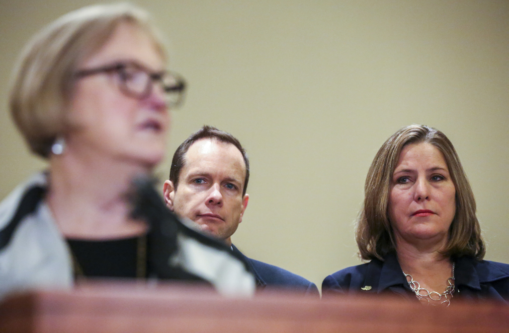 Matt McCluskey, center, and Jill McCluskey, right, parents of slain University of Utah student Lauren McCluskey, listen to former Utah Supreme Court Chief Justice Christine Durham, left, during a press conference at the offices of Parker & McConkie in Murray on Monday, Nov. 25, 2019. (Photo: Colter Peterson, KSL)