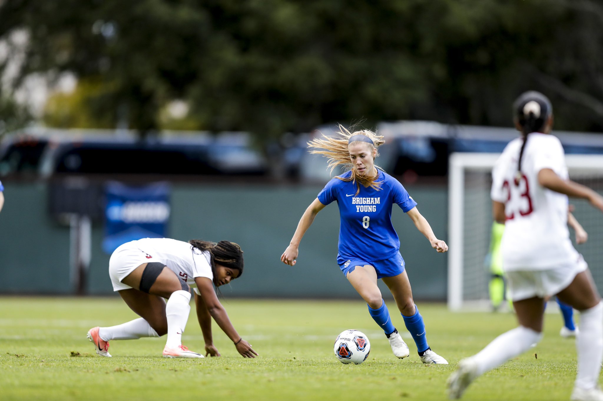 BYU midfielder Mikayla Colohan dribbles upfield during an NCAA Tournament match, Friday, Nov. 29, 2019 in Stanford, Calif. The Cougars lost, 5-1. (Courtesy: BYU Photo)