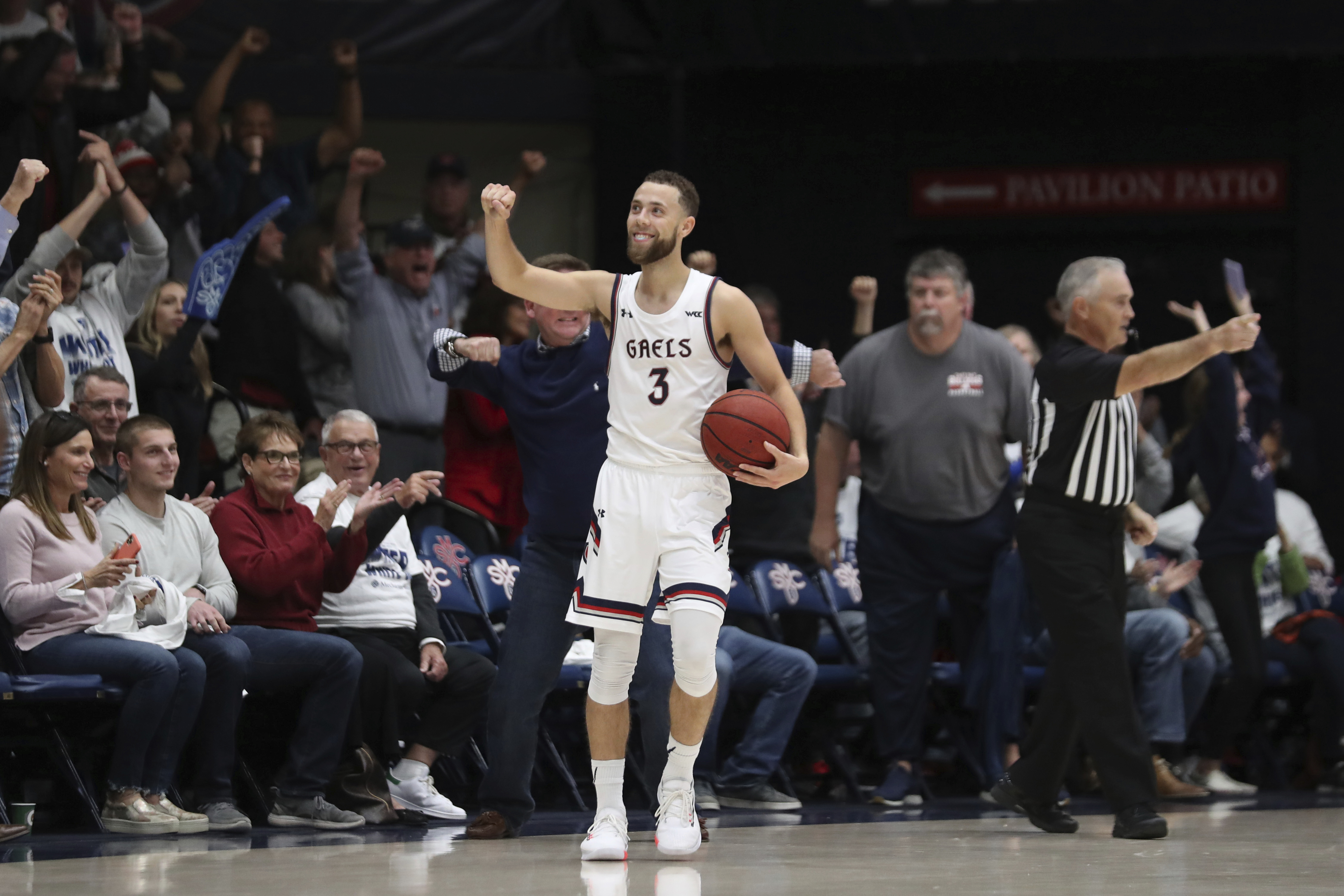 Saint Mary's guard Jordan Ford (3) celebrates after the team defeated Utah State during an NCAA college basketball game in Moraga, Calif., Friday, Nov. 29, 2019. (Photo: Jed Jacobsohn, AP)