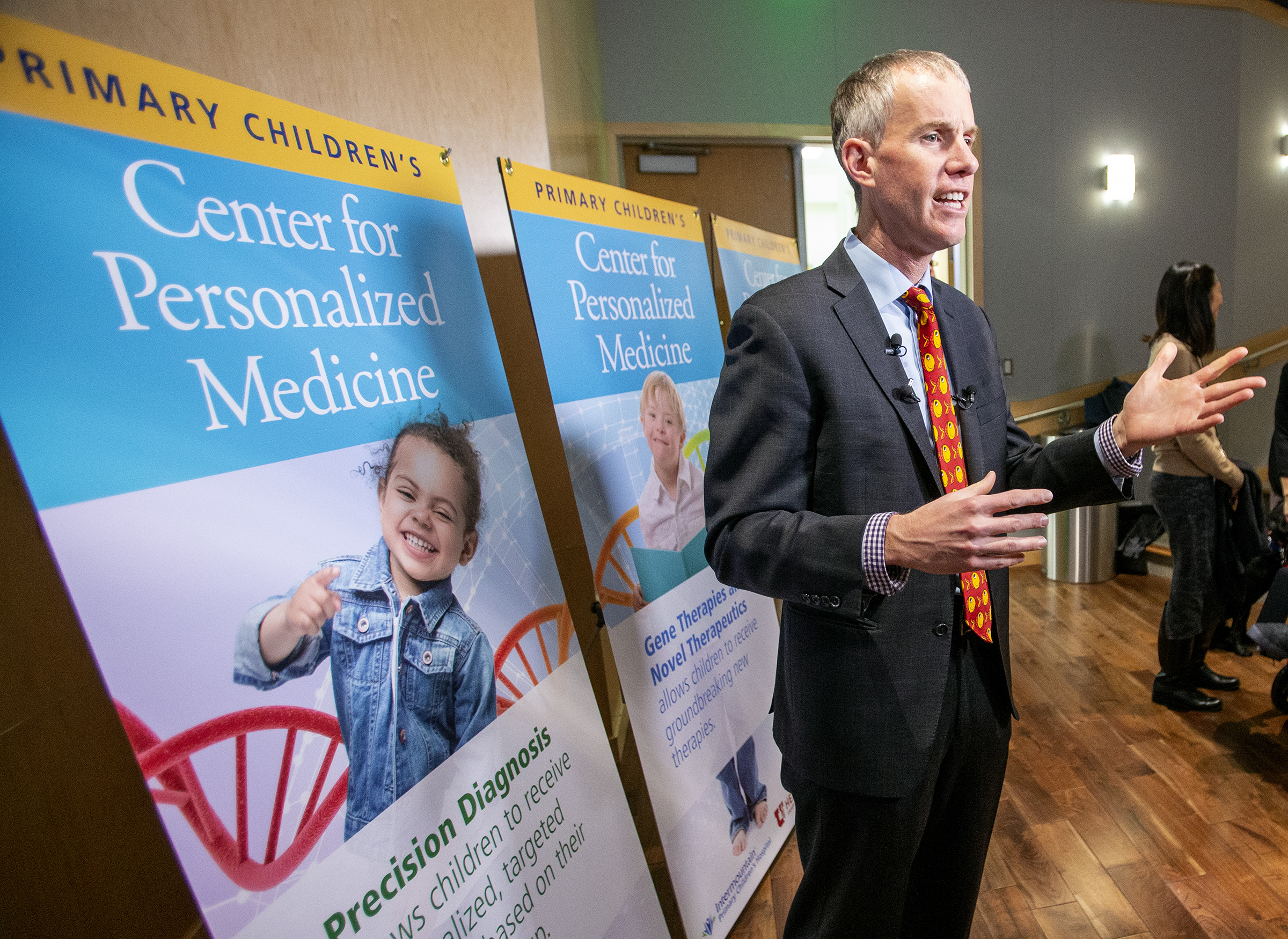 Dr. Josh Bonkowsky, medical director of the new Center for Personalized Medicine at Primary Children's Hospital, talks with members of the media during the center's launch in Salt Lake City on Monday, Nov. 25, 2019. According to Intermountain Healthcare officials, the new center will offer genetic technologies and targeted new treatments to help children with serious medical conditions “survive and thrive.” (Scott G Winterton, KSL)