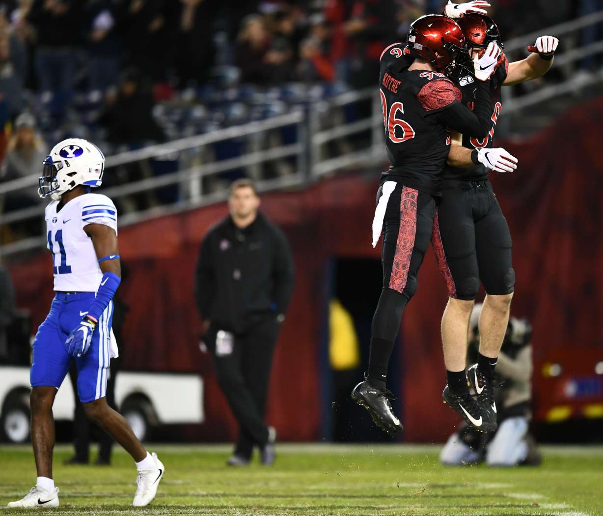 San Diego State tight end Daniel Bellinger celebrates a 24-yard touchdown during the Aztecs' college football game against BYU, Saturday, Nov. 30, 2019 at SDCCU Stadium in San Diego, Calif. (Photo: Michael Lu for KSL.com)