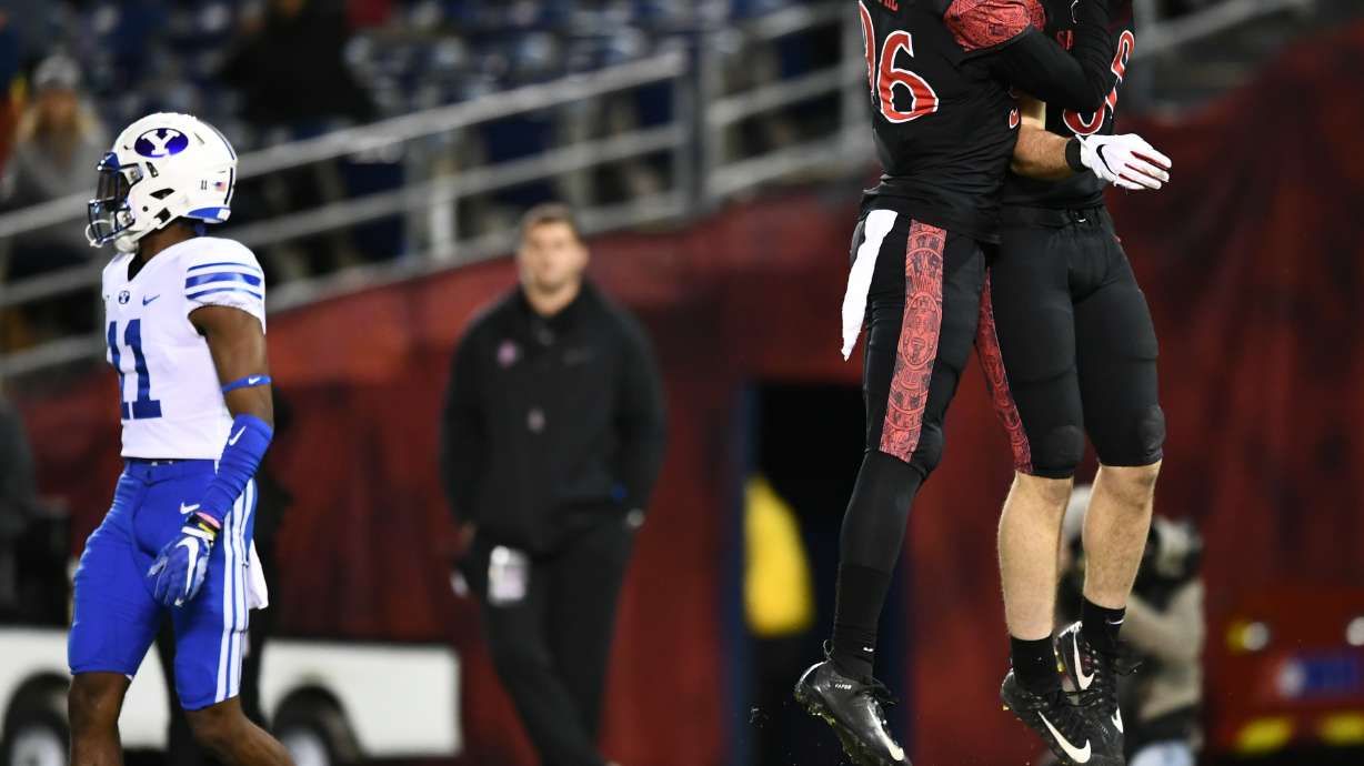 San Diego State tight end Daniel Bellinger celebrates a 24-yard touchdown during the Aztecs' college football game against BYU, Saturday, Nov. 30, 2019 at SDCCU Stadium in San Diego, Calif. (Photo: Michael Lu for KSL.com)
