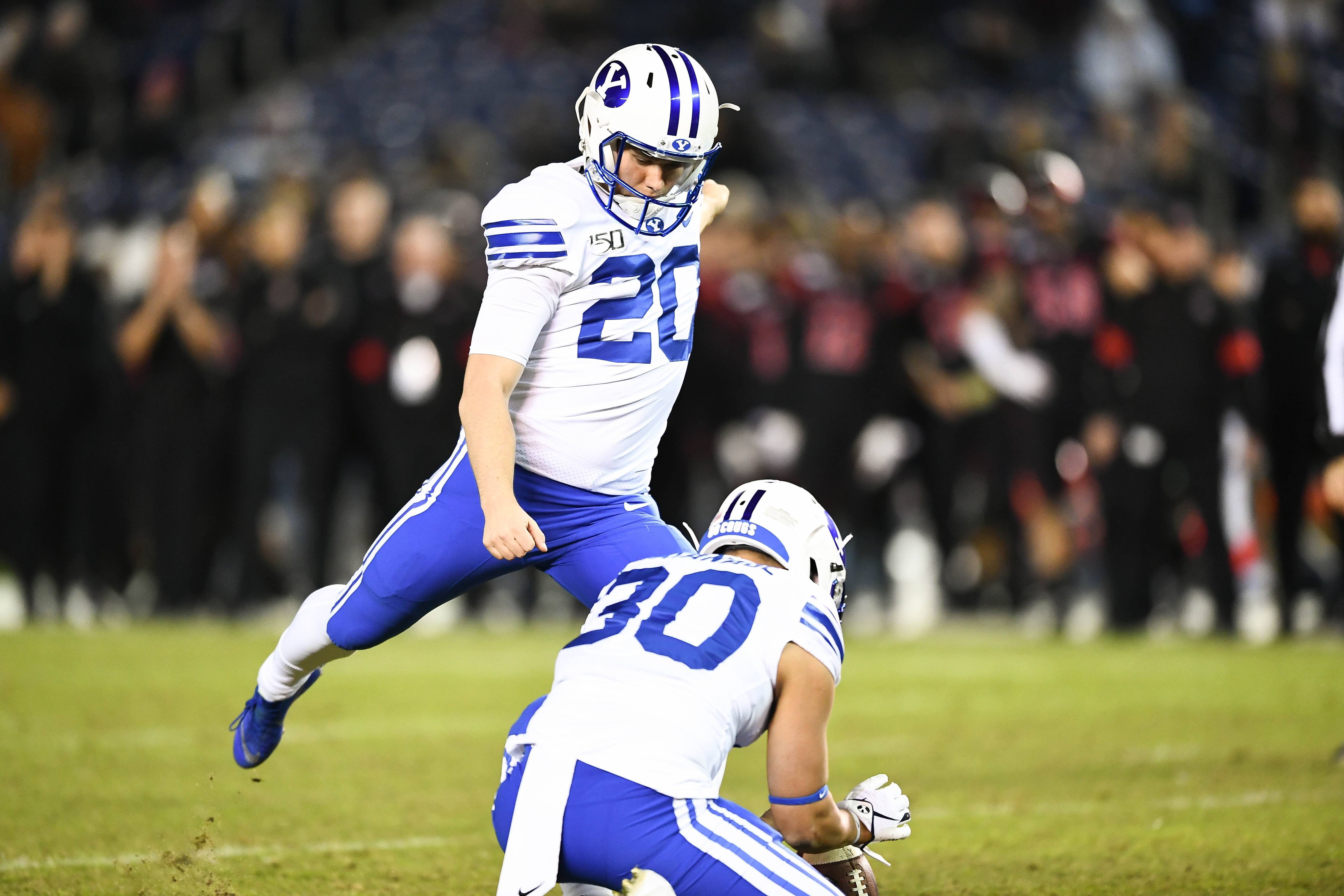 BYU kicker Skyler Southam attempts one of his three field goals during the Cougars' 13-3 loss to San Diego State, Saturday, Nov. 30, 2019 at SDCCU Stadium in San Diego. (Photo: Michael Lu for KSL.com)