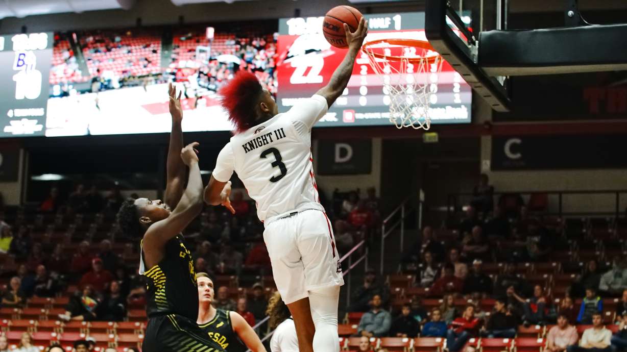 John Knight III for Southern Utah SUU basketball against West Coast Baptist in Cedar City.