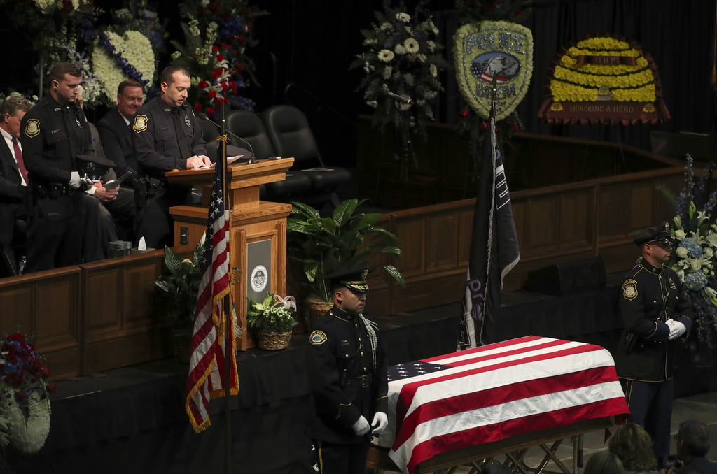Haverhill, Massachusetts, police officer Michael Shinners speaks during the funeral for his brother, slain Provo police officer Joseph Shinners, at the UCCU Center in Orem on Saturday, Jan. 12, 2019. (Photo: Steve Griffin, KSL, File)