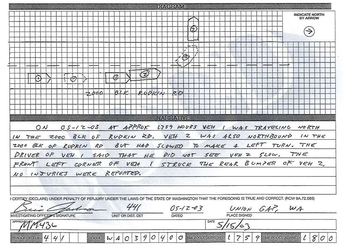 A police officer in Union Gap, Washington, wrote this report about a car crash involving Josh Powell and Bob Powers on May 12, 2003. The officer noted “no injuries were reported.”