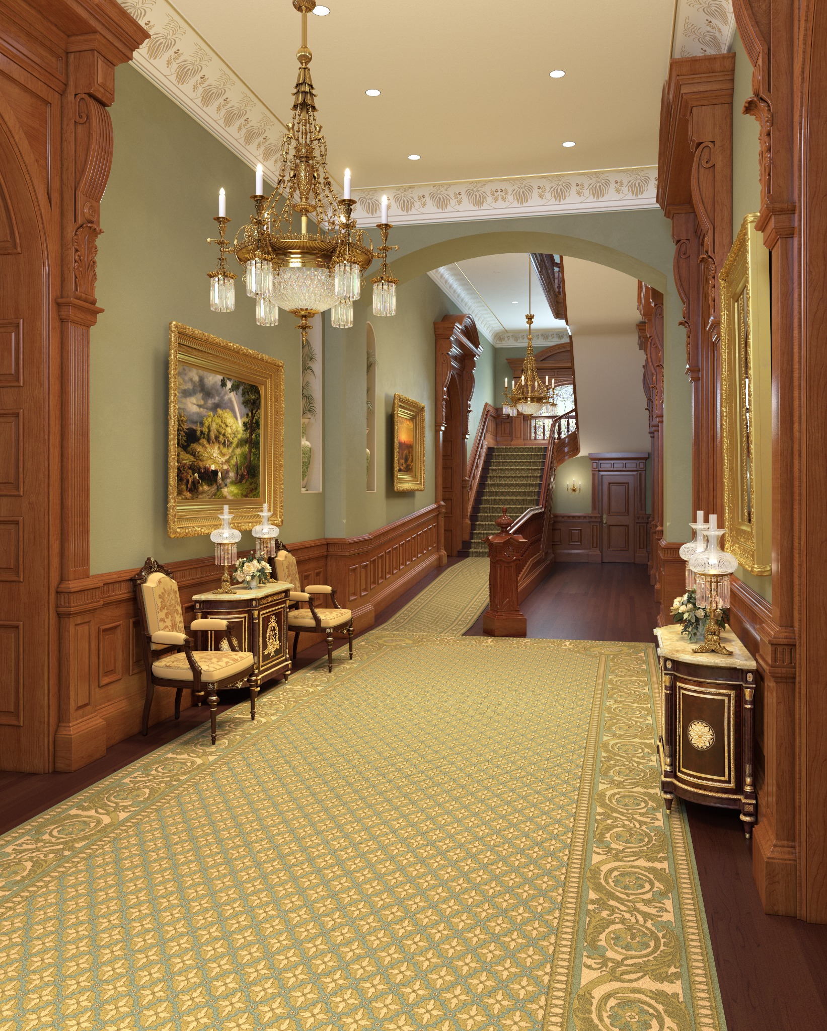 An artistic rendering of the renovated lower grand hall of the Salt Lake Temple, December 2019. (Photo: Intellectual Reserve)