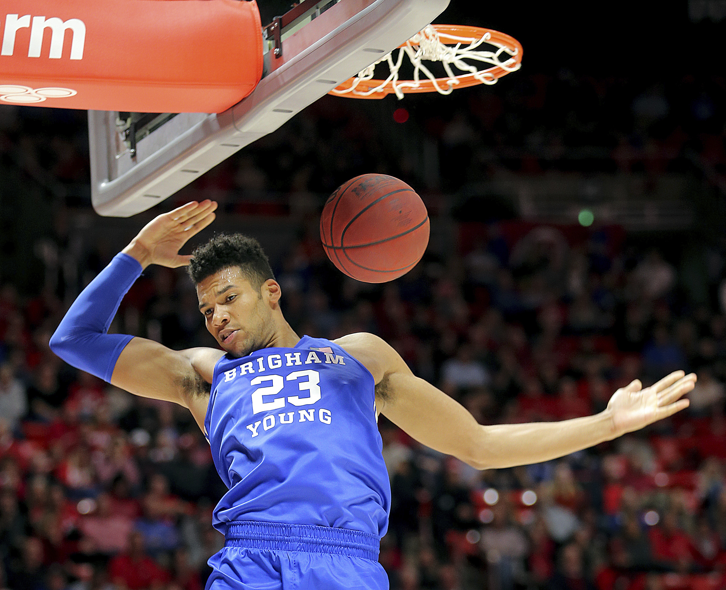 BYU forward Yoeli Childs (23) dunks against Utah during an NCAA college basketball game in Salt Lake City on Wednesday, Dec. 4, 2019. (Photo: Scott G Winterton, KSL)