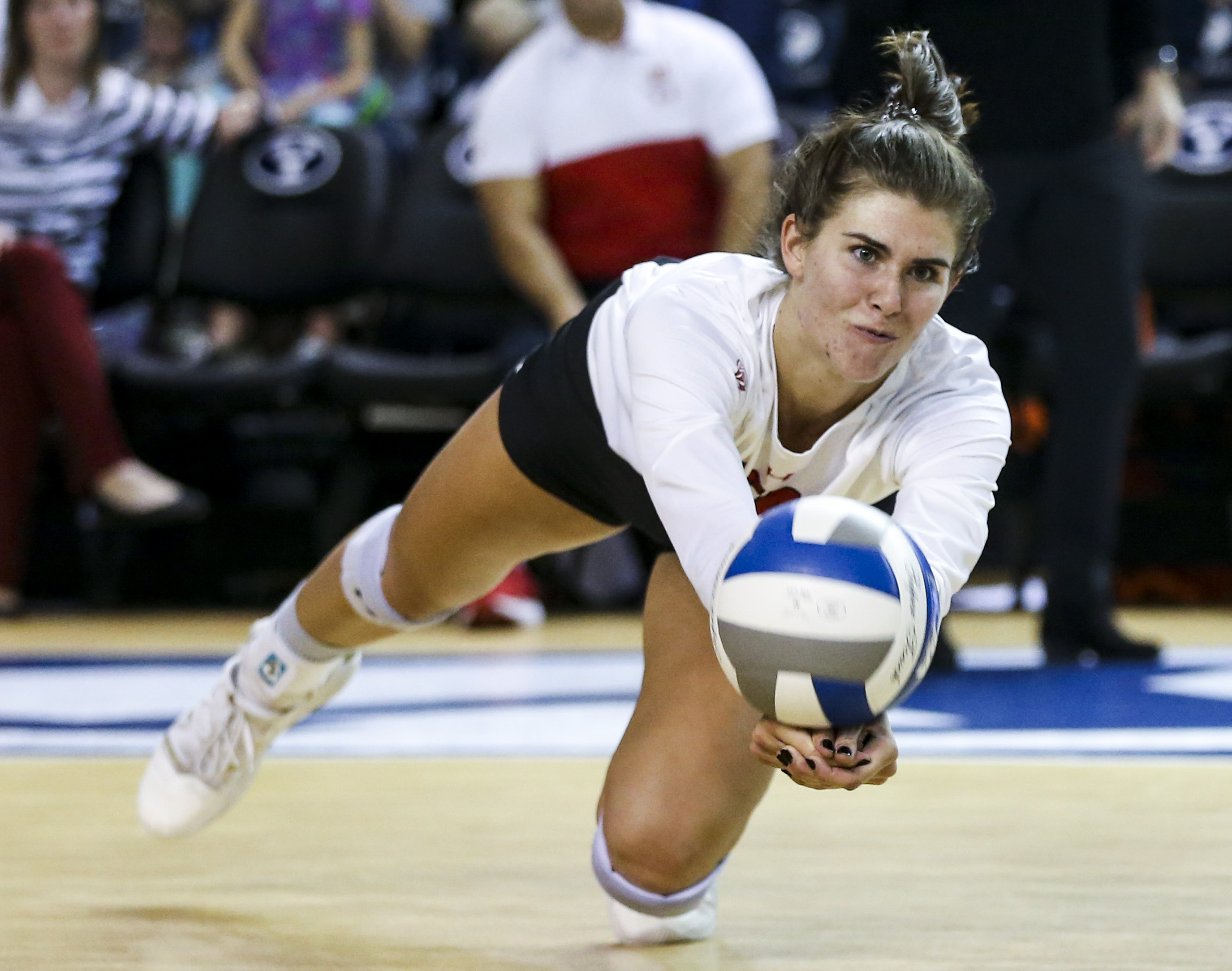 Utah middle blocker Berkeley Oblad (12) makes a dig during the fourth set of a first-round volleyball match in the 2019 NCAA Women's Volleyball Tournament at the Smith Fieldhouse in Provo on Friday, Dec. 6, 2019. (Photo: Colter Peterson, KSL)