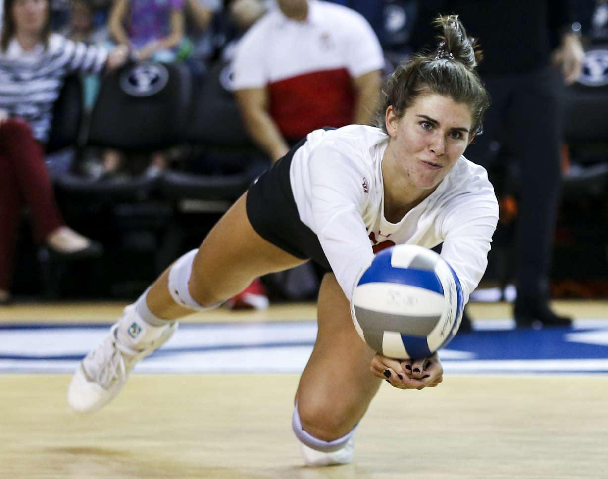 Utah middle blocker Berkeley Oblad (12) makes a dig during the fourth set of a first-round volleyball match in the 2019 NCAA Women's Volleyball Tournament at the Smith Fieldhouse in Provo on Friday, Dec. 6, 2019. (Photo: Colter Peterson, KSL)