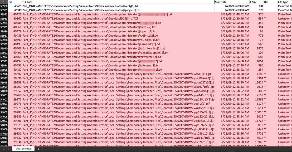 This screenshot shows file paths for browser cookies and cached images located on Susan Powell’s Dell desktop computer. Metadata indicates the files were created or modified on March 22, 2009, six months before Powell purchased the computer. Names of websites hosting images of cartoon pornography have been obscured. (Photo: Dave Cawley, KSL NewsRadio)
