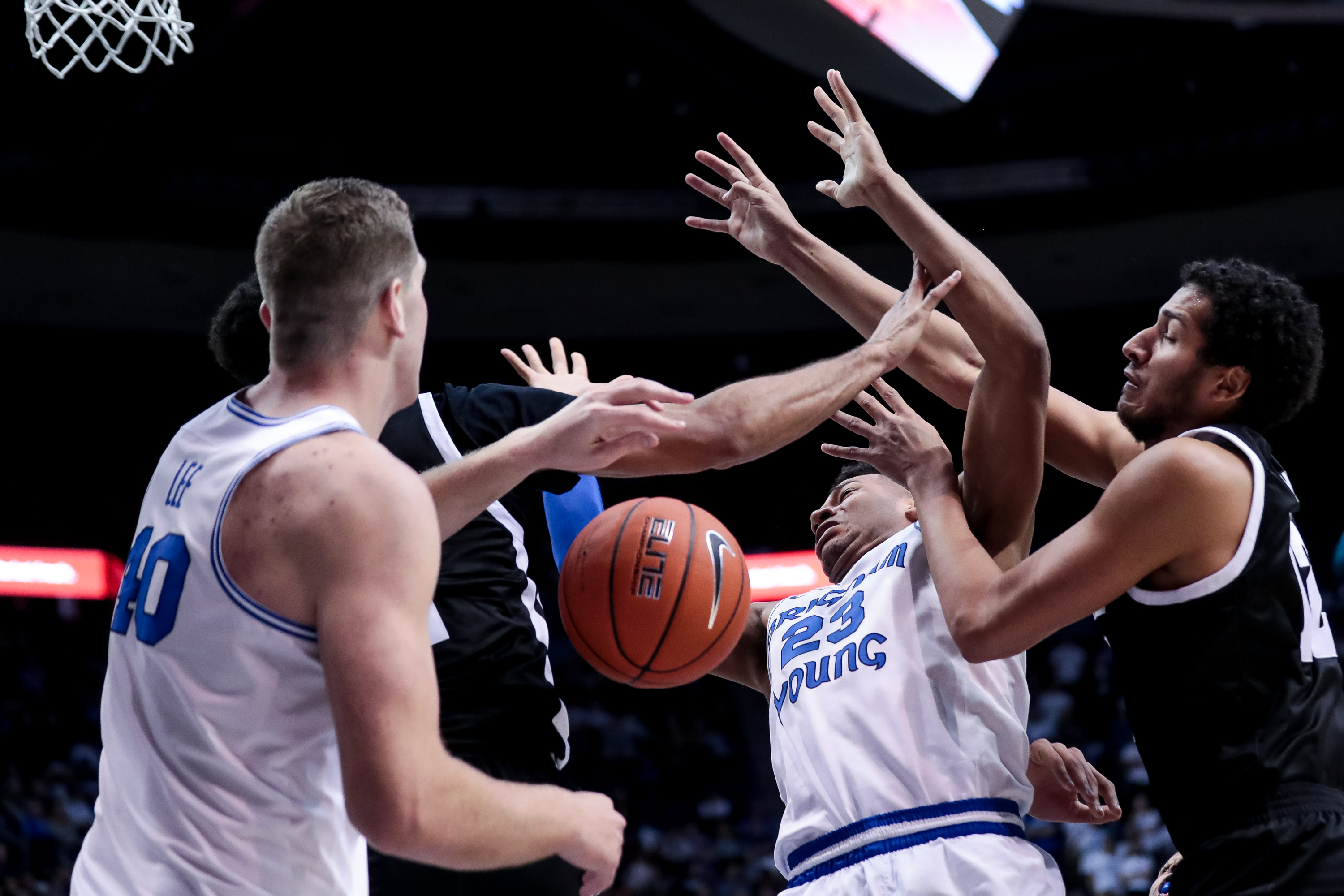 Brigham Young Cougars forward Yoeli Childs (23) shoots over Nevada Wolf Pack forward K.J. Hymes (42) during the game at the Marriott Center in Provo on Tuesday, Dec. 10, 2019. (Photo: Spenser Heaps, KSL)