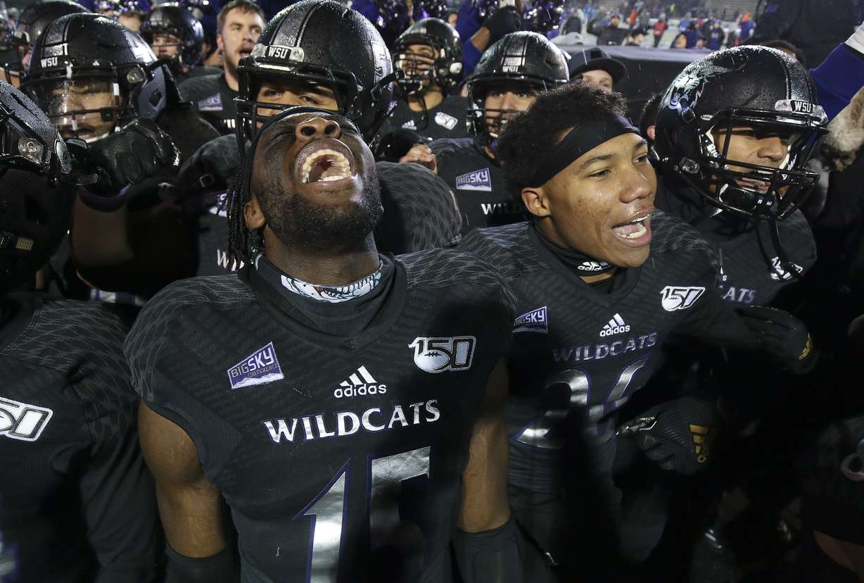 Weber State Wildcats Raoul Johnson (15) celebrate the won over the Montana Grizzlies during the FCS quarterfinals at Stewart Stadium in Ogden on Friday, Dec. 13, 2019. Weber won 17-10. (Photo: Jeffrey D. Allred, KSL)