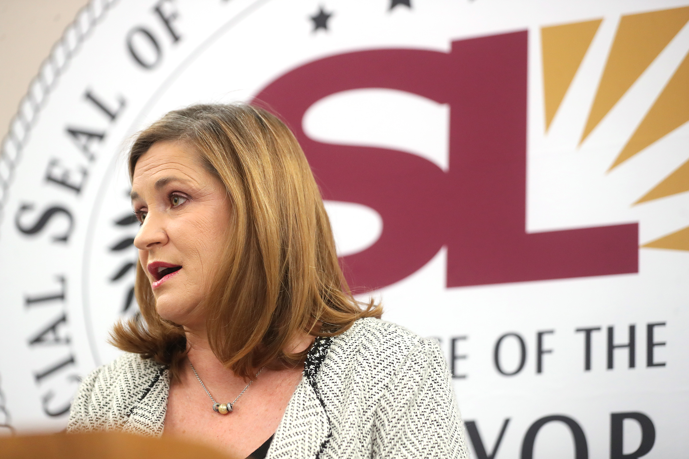Salt Lake County Mayor Jenny Wilson makes an announcement from the District Attorney’s offices in Salt Lake City on Monday, Dec. 16, 2019. The operational change will require all individuals purchasing firearms at events held in facilities owned by Salt Lake County to undergo a background check, this change is expected to take effect January 1, 2020.