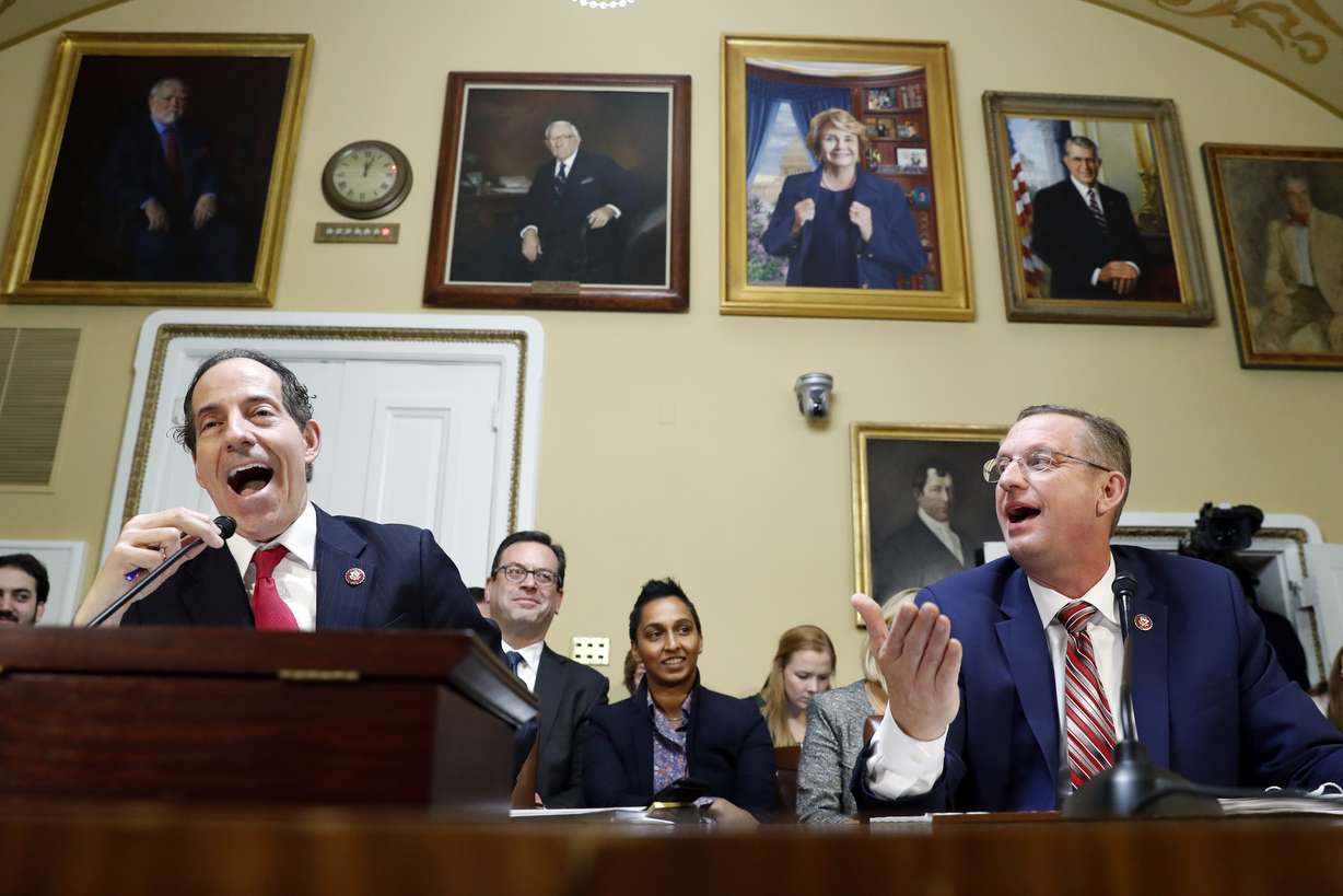 Rep. Jamie Raskin, D-Md., left, and House Judiciary Committee ranking member Rep. Doug Collins, R-Ga., speak during a House Rules Committee hearing on the impeachment against President Donald Trump, Tuesday, Dec. 17, 2019, on Capitol Hill in Washington. (Andrew Harnik, AP Photo, Pool)