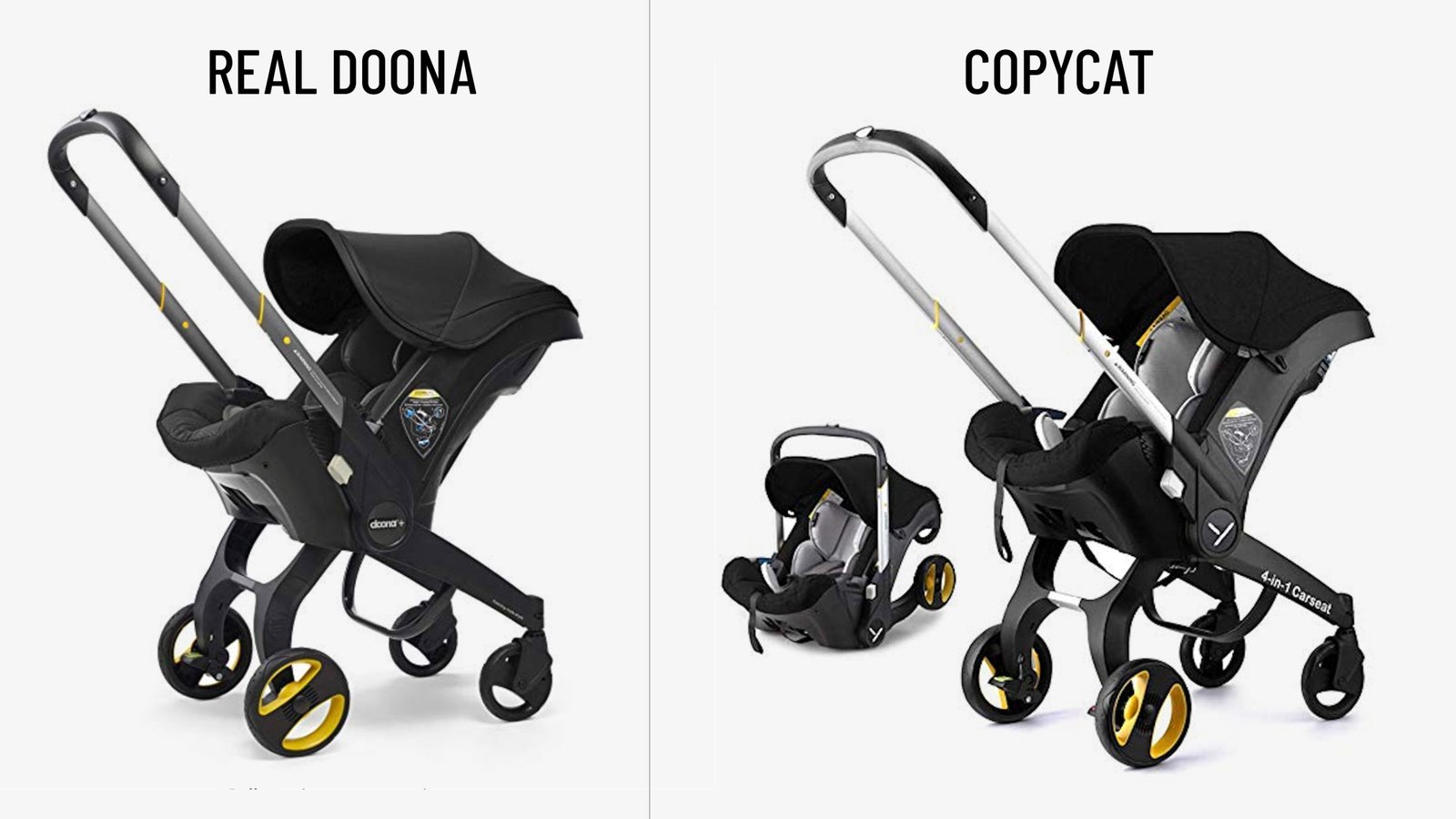 The listing on Amazon described it as a "4 in 1 Baby car seat and Stroller" and featured images of a popular brand called Doona, including a photo of the US President's daughter, Ivanka Trump, with hers. Listed for $299, this copycat was $200 cheaper than a real Doona. It was also potentially dangerous for children. (CNN)