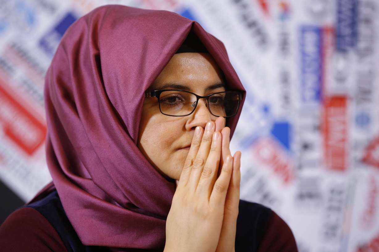 FILE - IN this Dec. 17, 2019 file photo, Hatice Cengiz, fiancee of late journalist Jamal Khashoggi who was kidnapped and killed during a visit to the Arabian consulate in Istanbul on Oct. 2018, gestures during a press conference. Photo: Domenico Stinellis, AP Photo, File