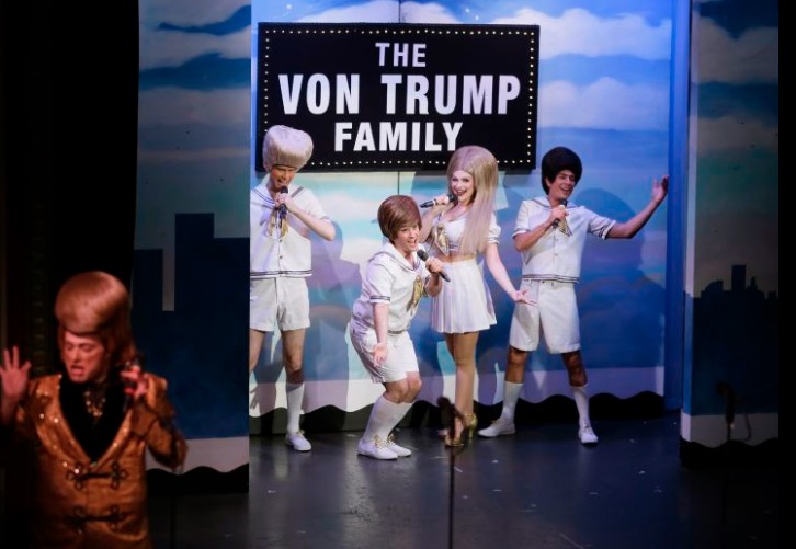 In this Wednesday, Dec. 4, 2019 photo, characters portraying the Trump family and President Donald Trump perform during the musical "Beach Blanket Babylon" in San Francisco. The campy small San Francisco show that's been a must-see for tourists and locals alike for more than 45 years is closing its curtain. The show, which spoofs politics and pop culture, started in 1974, making it the nation's longest continuously running musical revue. Its final performance is set for New Year’s Eve. (AP Photo/Eric Risberg)