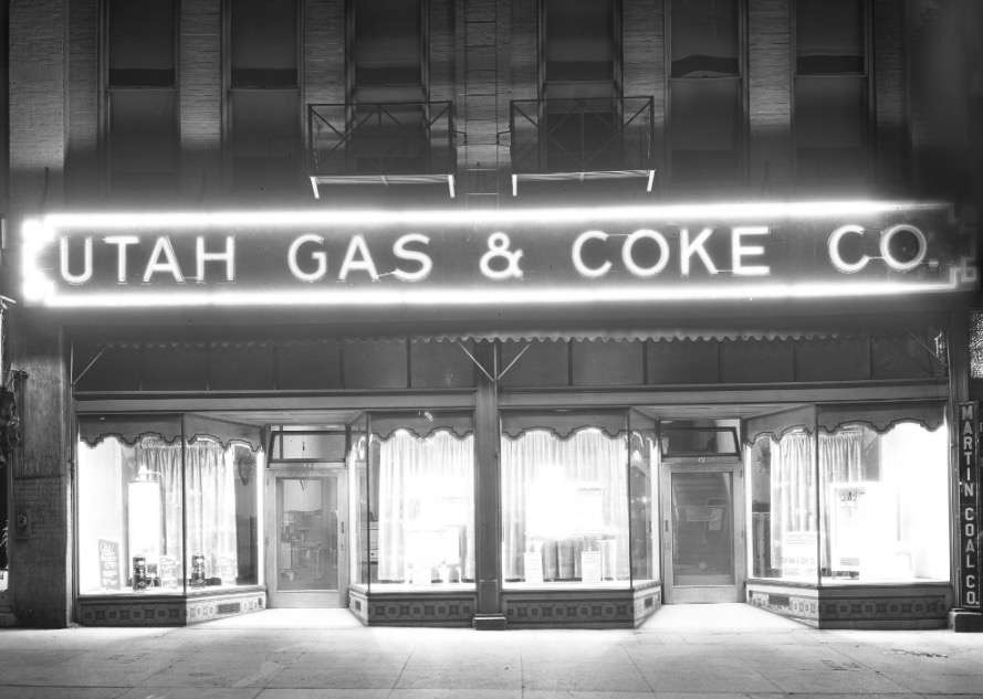 A photo of the Utah Gas & Coke Company neon sign in downtown Salt Lake City that was taken on July 11, 1928. It's one of the earlier documented neon signs in Utah history. (Photo: Utah State History)