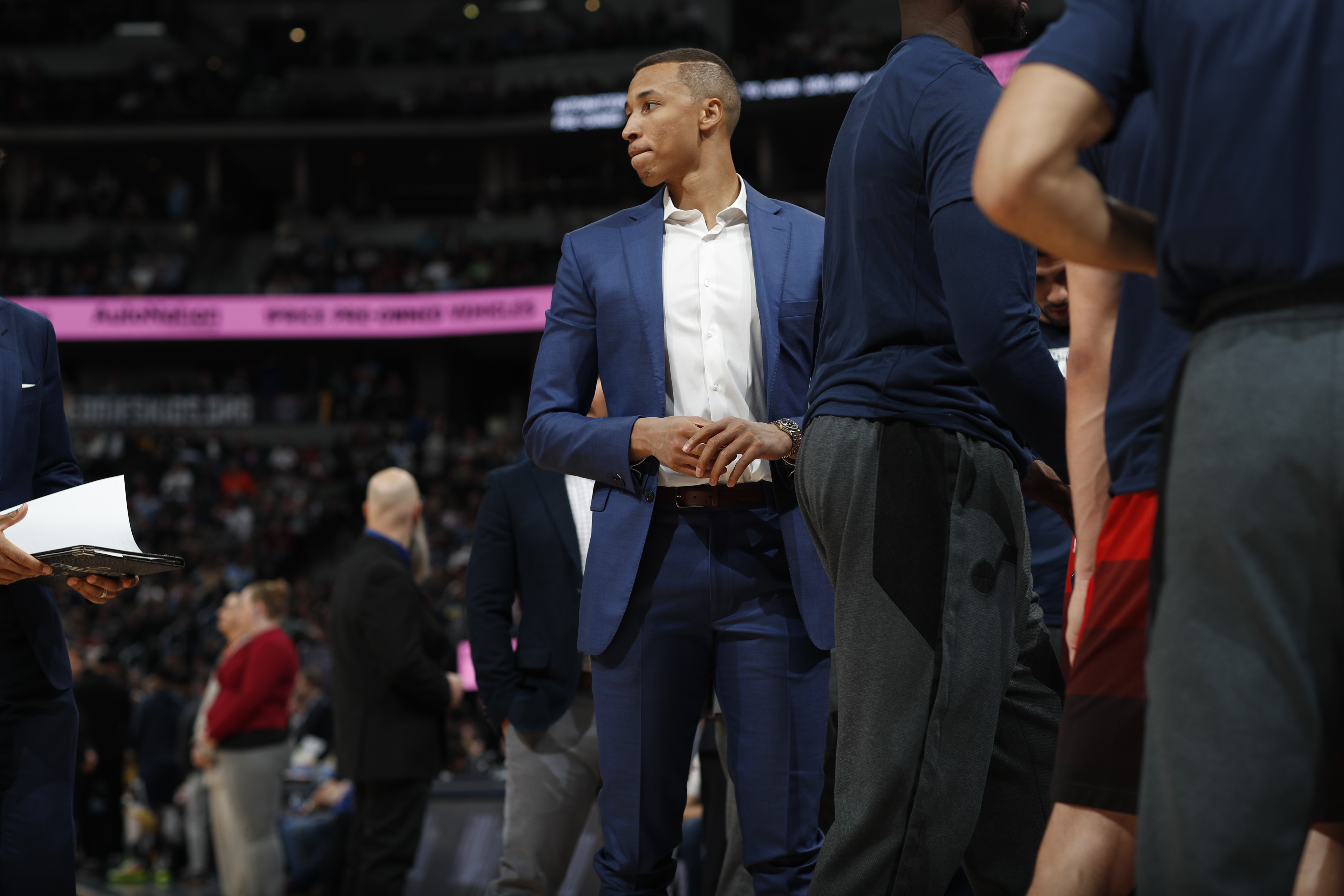 Utah Jazz guard Dante Exum (11) in the second half of an NBA basketball game Thursday, Feb. 28, 2019, in Denver. The Jazz won 111-104. (AP Photo/David Zalubowski)