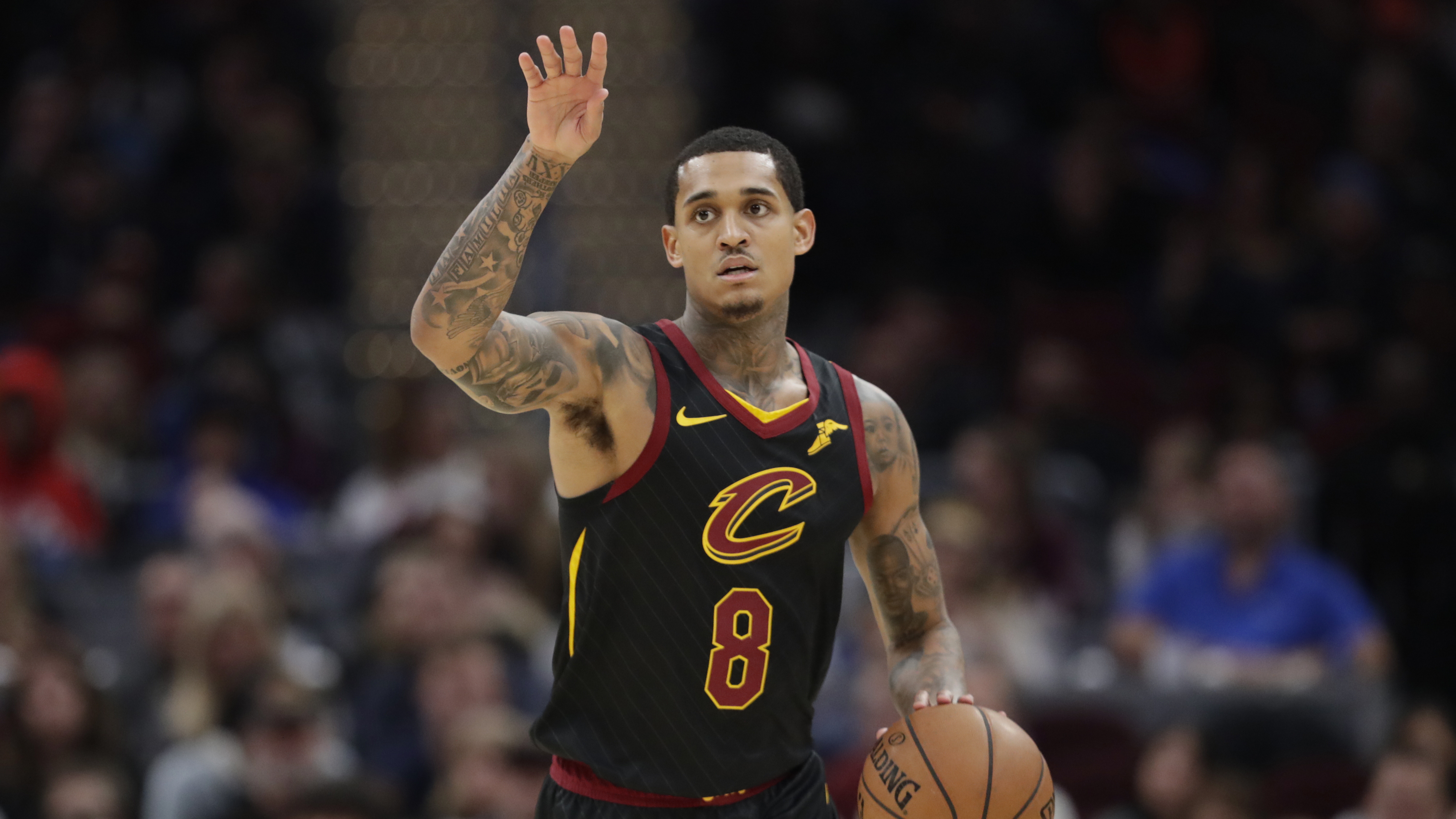 Cleveland Cavaliers' Jordan Clarkson drives against the Milwaukee Bucks in the second half of an NBA basketball game, Friday, Nov. 29, 2019, in Cleveland. (AP Photo/Tony Dejak)