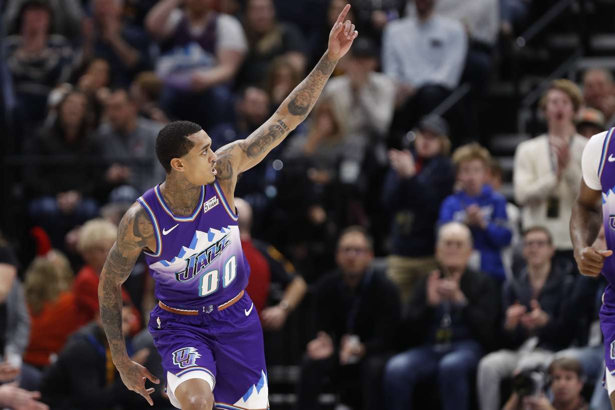 Utah Jazz guard Jordan Clarkson (00) reacts after a basket against the Portland Trail Blazers during the second quarter in an NBA basketball game Thursday, Dec. 26, 2019, in Salt Lake City. (AP Photo/Jeff Swinger)
