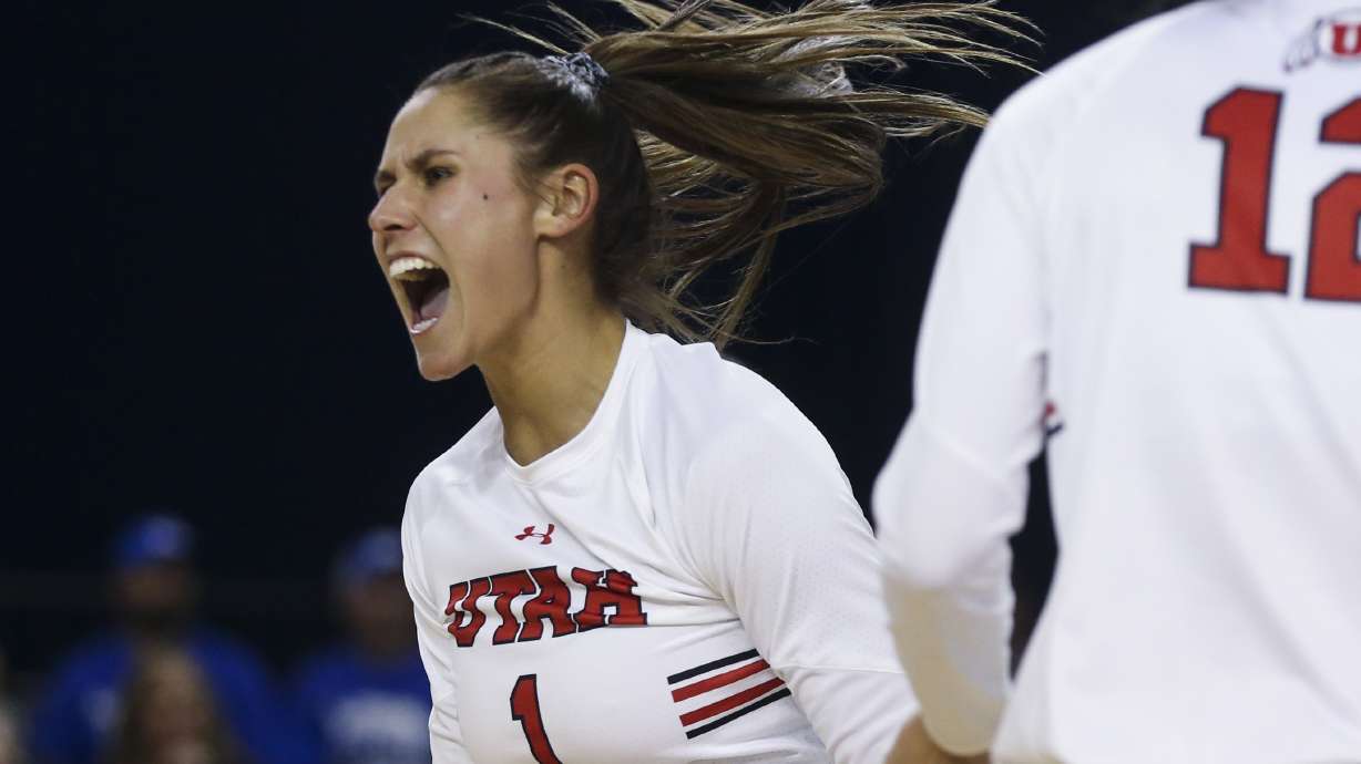 Utah outside hitter Dani Drews (1) celebrates after a point during the fifth set of a first-round volleyball game in the 2019 NCAA Division I Women's Volleyball Tournament at the George Albert Smith Fieldhouse in Provo on Friday, Dec. 6, 2019.