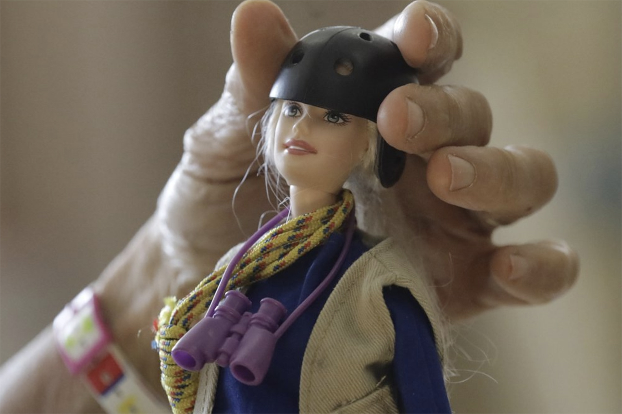 This Dec. 3, 2019, photo taken on the University of Utah campus in Salt Lake City shows one of the "treetop Barbies" ecologist Nalini Nadkarni created outfitted with miniature versions of her own gear. Fifteen years after she began making the dolls, Mattel asked her to consult on a new line of Barbies with careers in science and conservation. (AP Photo/Rick Bowmer)