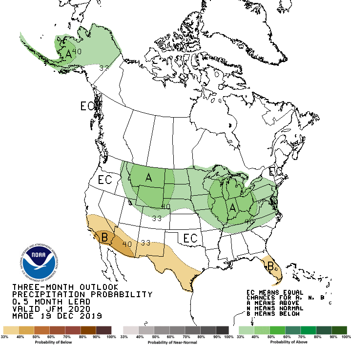 This graphic shows the January, February and March precipitation probability for the United States. Most of Utah has an "equal chance" for a normal winter in 2020. (Graphic: National Weather Service)