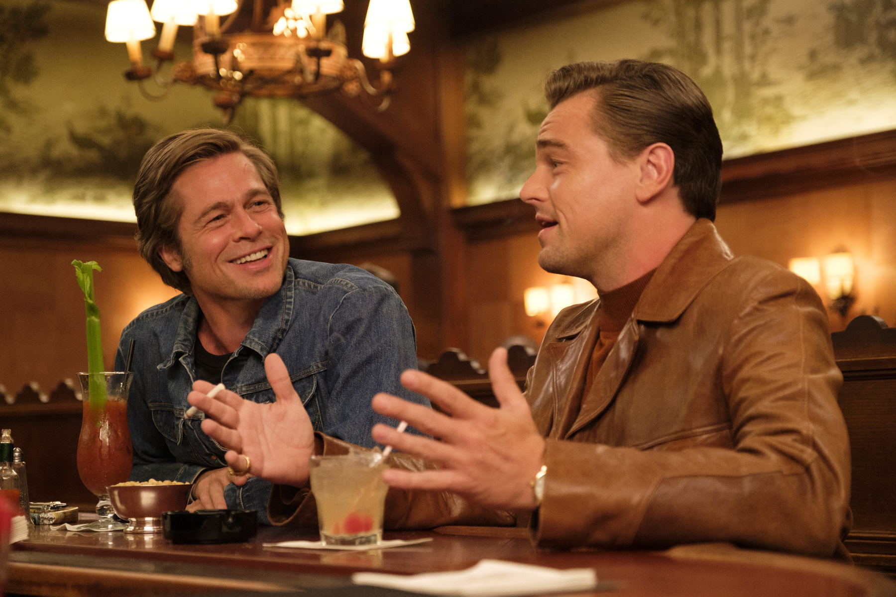 This image released by Sony Pictures shows Brad Pitt, left, and Leonardo DiCaprio in Quentin Tarantino's "Once Upon a Time in Hollywood." (Andrew Cooper/Sony-Columbia Pictures via AP)