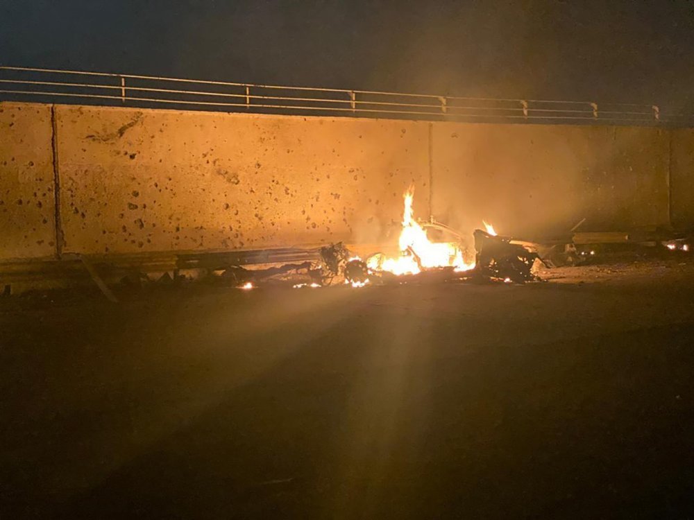 This photo released by the Iraqi Prime Minister Press Office shows a burning vehicle at the Baghdad International Airport following an airstrike, in Baghdad, Iraq, early Friday, Jan. 3, 2020. The Pentagon said Thursday that the U.S. military has killed Gen. Qassem Soleimani, the head of Iran's elite Quds Force, at the direction of President Donald Trump. (Photo: Iraqi Prime Minister Press Office via AP)