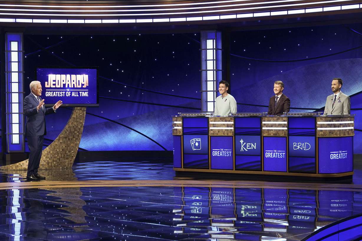 In this image released by ABC, host Alex Trebec, left, appear with contestants, James Holzhauer, center, Ken Jennings and Brad Rutter, right, on the set of 'Jeopardy! The Greatest of All Time,' in Los Angeles. Photo: Eric Candless, ABC via AP