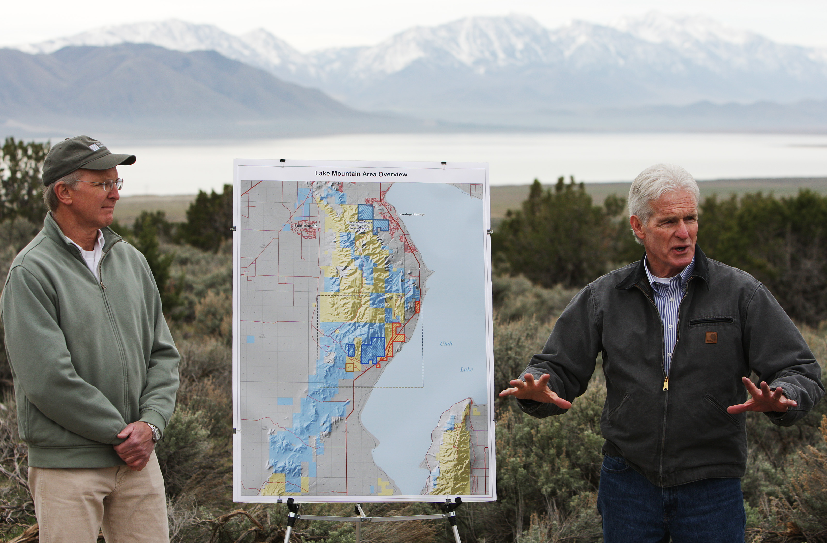 Kim Christy and Utah County Commissioner Doug Whitney talk about the effort as volunteers joined Utah County, Utah School and Institutional Trust Lands Administration employees, and private landowners for a massive seven-day cleanup in the Lake Mountain area located south of Saratoga Springs and west of Utah Lake Tuesday, April 15, 2014. (Photo: Jeffrey D. Allred, KSL, File)
