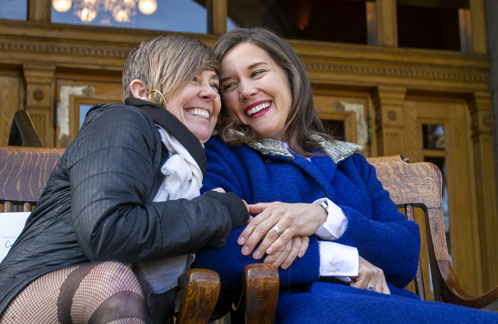 Salt Lake City Councilwoman Amy Fowler, district 7 congratulates Erin Mendenhall after she was sworn in as the Salt Lake City Mayor at a city council meeting on the east steps of the City and County Building in Salt Lake City on Monday, Jan. 6, 2020. (Photo: Scott G. Winterton, KSL)