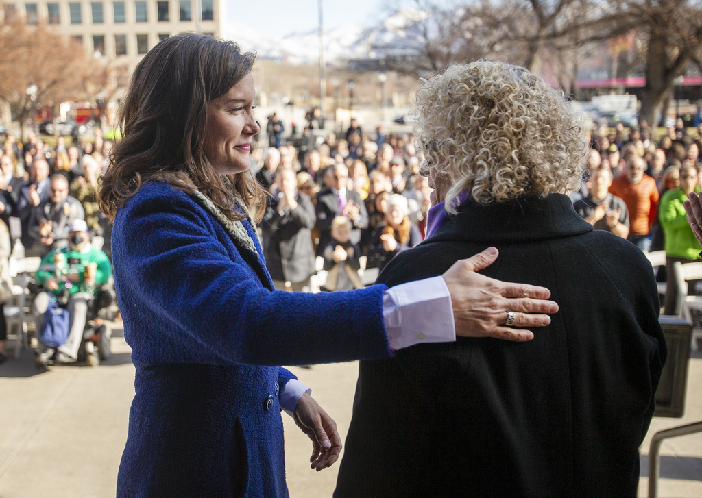 New Salt Lake City Mayor Erin Mendenhall, talks with former mayor Jackie Biskupski, after being sworn in as the mayor at a city council meeting on the east steps of the City and County Building in Salt Lake City on Monday, Jan. 6, 2020. (Photo: Scott G. Winterton, KSL)